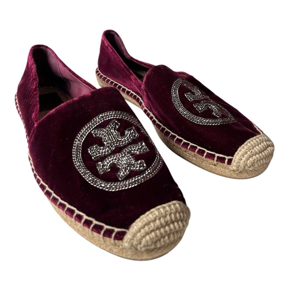 Tory Burch Espadrilles Burgundy Velvet Metal Chain Bead Logo Flats Size 8